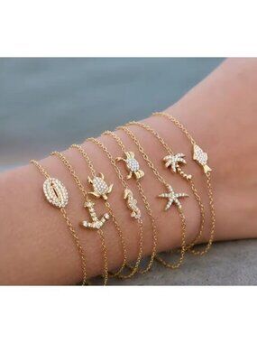 Palm Tree Wave Charm Bracelet Anchor Fish Gold WATERPROOF Gold Ocean Bracelet